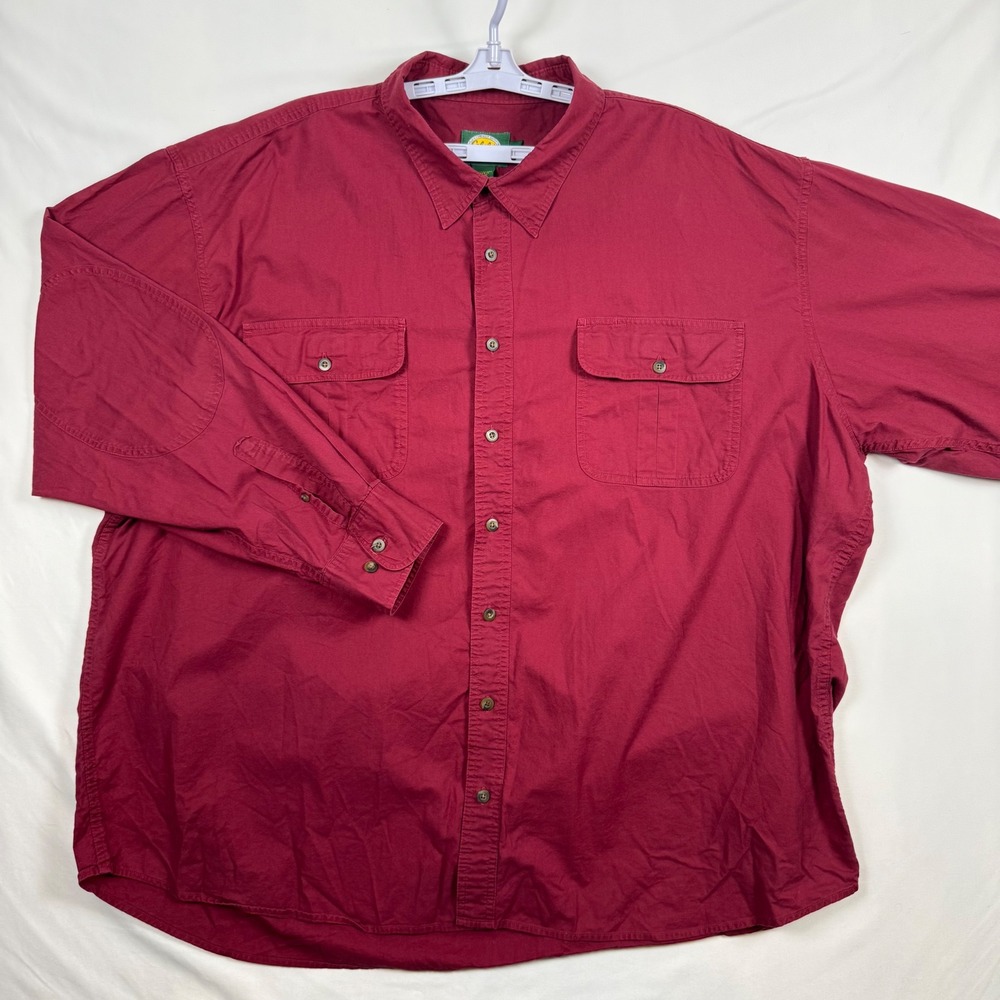 Cabelas Mens 3XL Tall Burgundy Red Cotton Long Sleeve Button Down Shirt Elbowpad